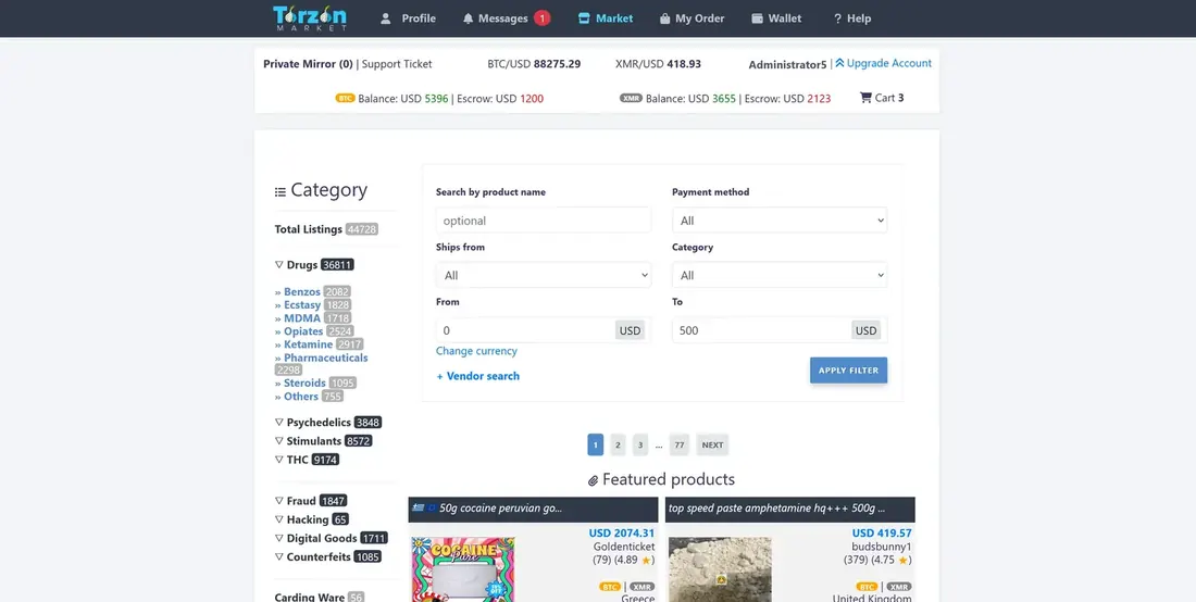 TorZon Market's product listing and category browsing page