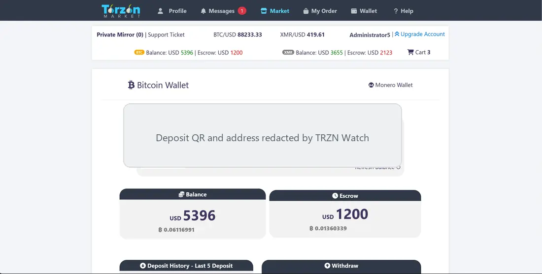 TorZon wallet screen with deposit details redacted and separate displayed balance and escrow amounts