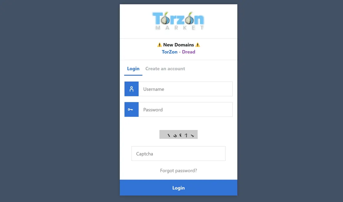 TorZon Market's login screen, showing username, password and captcha fields